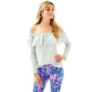 Lilly Pulitzer Augusta Off the Shoulder Ruffle Top in Gray, Medium, Pima Cotton